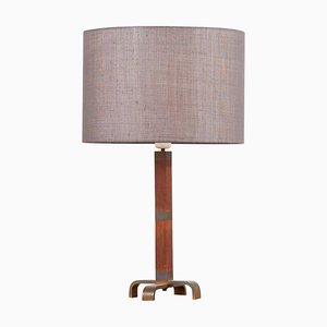 Wooden Table Lamp with Grey Lampshade, 1950s