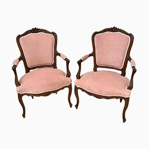 Antique French Louis XV Carved Walnut Armchairs, Set of 2