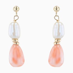 Baroque Coral Glass Yellow Gold Pearl Dangle Earrings