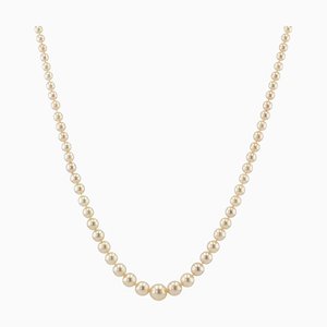 18 Karat White Gold Diamond Clasp Falling Pearl Necklace, 1950s