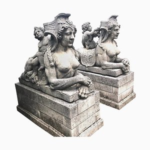 Italian Sphinx Limestone Statues, 1970, Set of 2