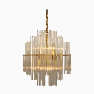 German Gilt Brass and Crystal Glass Rods Chandelier by Palwa, 1970s