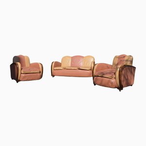 Art Deco Leather & Walnut Sofa & 2 Armchairs, England, 1930s, Set of 3