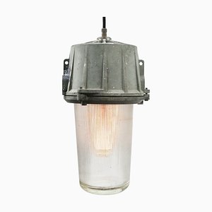Lampes à Suspension Industrielles Vintage en Métal Gris et Verre Rayé