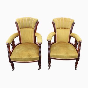 1900s Walnut Mummy and Daddy Armchairs in Gold, Set of 2