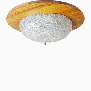 Large Teak Ceiling Lamp with Textured Glass