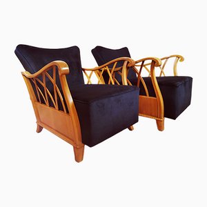 Art Deco Black Cherry Wood Armchairs, Set of 2