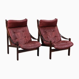 Burgundy Leather Lounge Chairs by Thorbjorn Afdal for Bruksbo, 1960s, Set of 2