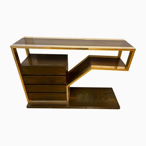 Italian Wood and Brass Console with Drawers, 1970s