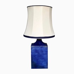Large Glazed Ceramic Table Lamp with Silk Lampshade, 1960s