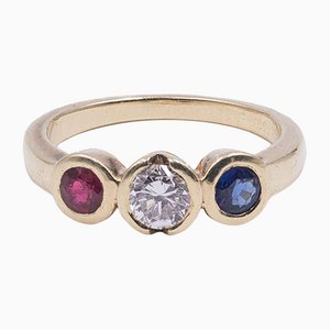 Vintage 14k Gold Ring with Central Diamond Sapphire and Ruby, 1970s