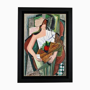 Petroff, Cubist Painting, Lady with Fruit Basket & Violin, Oil on Board, Framed