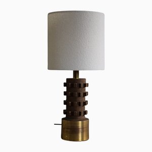 Lampada da tavolo Mid-Century moderna in ceramica marrone e placcata in oro