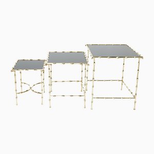 French Bamboo Brass Black Top Nesting Tables from Maison Baguès, 1960s, Set of 3