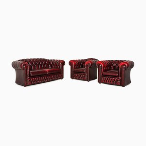 Canapé Tudor Vintage en Cuir Rouge Foncé de Chesterfield, Set de 3