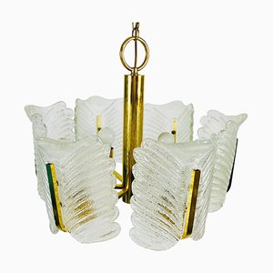 Large Mid-Century 6-Arm Brass and Ice Glass Chandelier by Carl Fagerlund, 1960s