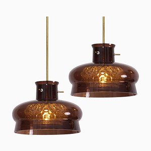 Vintage Pendant Light in Brown and Bubble Glass by Carl Fagerlund for Orrefors, Set of 2