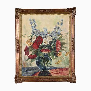 Composizione floreale in vaso di vetro, Italia, XX secolo, olio su tela, con cornice