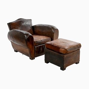 Vintage Club Armchair and Leather Pouf