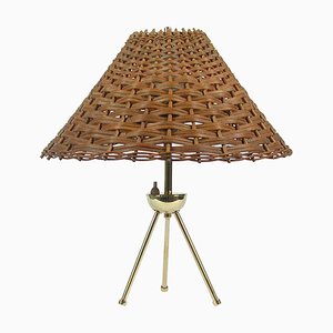 Mid-Century Rattan and Brass Table Lamp, Germany, 1950s