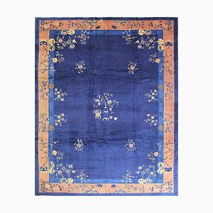 19th-Century Chinese Blue & Brown Floral Carpet