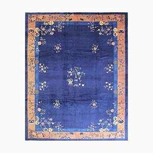 19th-Century Chinese Blue & Brown Floral Rug