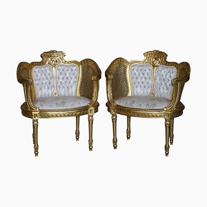 Antique Napoleon III Gold Giltwood Bergere Armchairs, 1870s, Set of 2