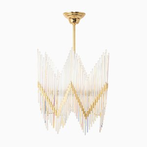 Gilt Brass and Crystal Glass Rods Chandelier from Palwa, Germany, 1970s