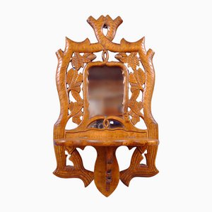 Art Nouveau Wall Mirror with Foldable Shelf in Handcarved Hardwood, 1900s