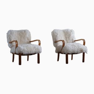 Modern Lounge Chairs in Lambswool and Oak, 1950s, Set of 2