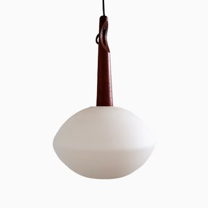 Teak and Opaline Glass Pendant Lamp by Uno and Östen Kristiansson for Luxus, Sweden, 1950s