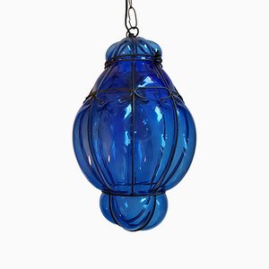 Venetian Cobalt Blue Murano Bubble Glass Caged Lantern