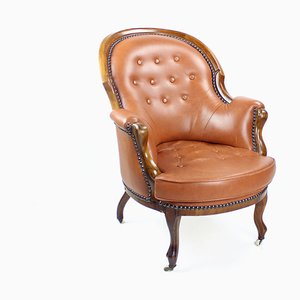 Cognac Leather and Walnut Armchair, Czechoslovakia, 1940s