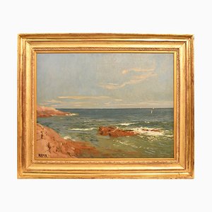 Seascape Painting, Cliff Et Rocks, 19th-Century, Oil on Canvas, Framed