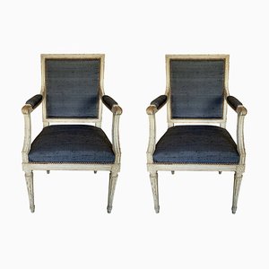 Louis XVI Style Painted Charcoal Velvet Painted Armchairs, Set of 2