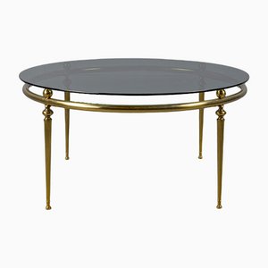 Classicist Coffee Table in Brass with Concave Fluted Legs and Smoked Glass Pane