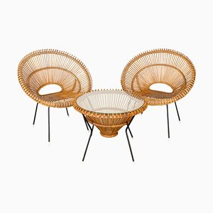 Mid 20th Century Rattan Woven Table and Chairs by Janine Abraham, 1960, Set of 3