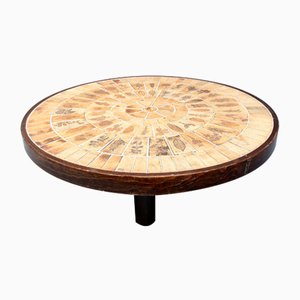 Vintage French Round Tiled Coffee Table by Roger Capron