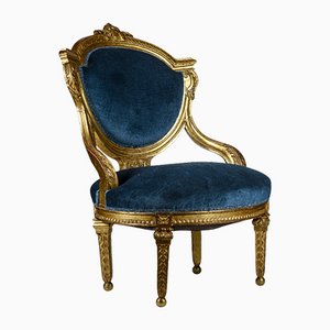 Vintage Low Blue Electric Velvet Armchair and Carved, Italy