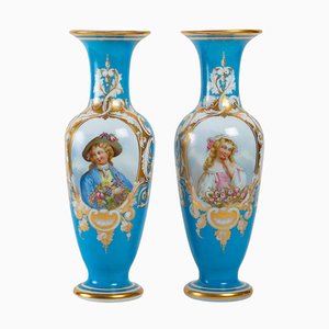 Vases en Verre Opalin Blanc et Bleu Ciel, Set de 2