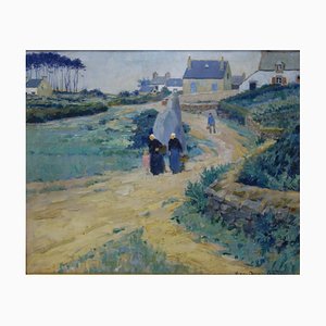 Henri Maurice Chanits, Bretonnes sur le chamin du village, France, 1915, Oil on Canvas, Framed