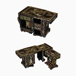 Vintage Oriental Chinese Nest of Side Tables with Drawers, Set of 3