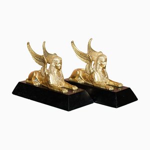 Estatuas victorianas de bronce dorado con esfinge. Juego de 2
