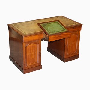 Antiker Säulen-Schreibtisch aus Hartholz mit grüner Leder-Schublade