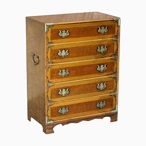 Vintage Burr Elm Chest of Drawers with Oversized Military Campaign Handles
