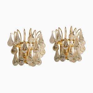 Large Golden Gilded Brass and Crystal Sconces by Palwa, Germany, 1970s, Set of 2