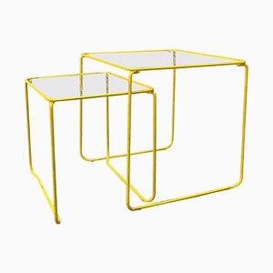 Italian Yellow Enameled Metal and Glass Coffee Tables, 1970s, Set of 2