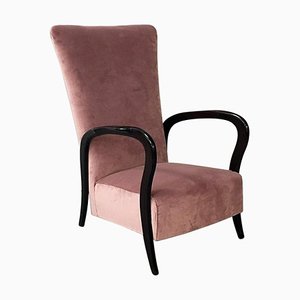 Italienischer Mid-Century Sessel aus rosa Samt & Holz mit geschwungenen Armlehnen, 1950er
