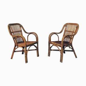 Mid-Century Italian Modern Rattan Armchairs with Curved Armrests, 1960s, Set of 2