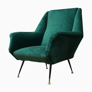 Mid-Century Italian Green Velvet Armchair with Armrests, 1950s